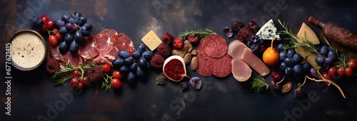 An extensive selection of meat delicacies, cheeses, berries, and grapes presented on a dark textured surface for a culinary delight. Food banner photo
