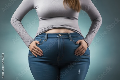 Confident mid-30s woman in blue jeans, accentuating her figure. Hyper-realistic, sharp-focus image with clinical backdrop, emphasizing body positivity and wellness. photo