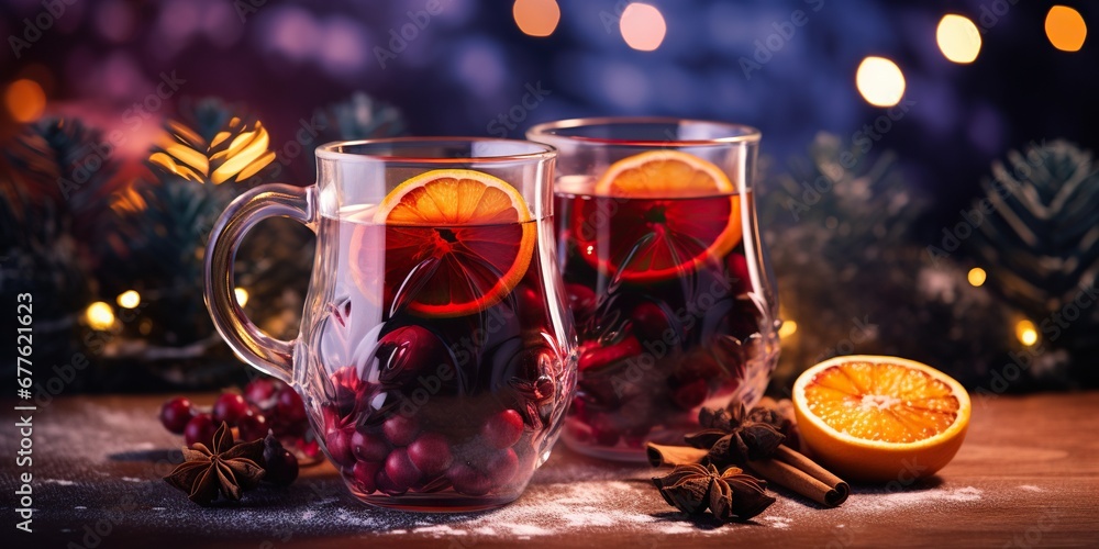 Fototapeta premium Two glass mugs with mulled wine with slices of orange and cinnamon, sprinkled with powdered sugar, next to Christmas decorations.
