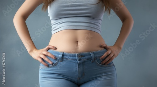 Confident young woman in tight-fitting jeans, hands on hips, standing and facing camera. Accentuating curves, toned stomach, and defined muscles. High-res stock image showcasing fitness © Aidas
