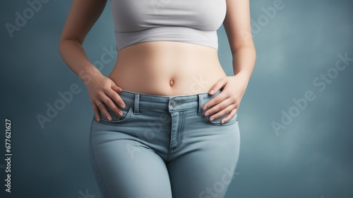 Confident woman in jeans, hands on hips, showcasing well-defined stomach and sculpted figure. Intricate detail and textured denim add depth and visual splendor. Immersive, hyper-realistic stock image © Aidas