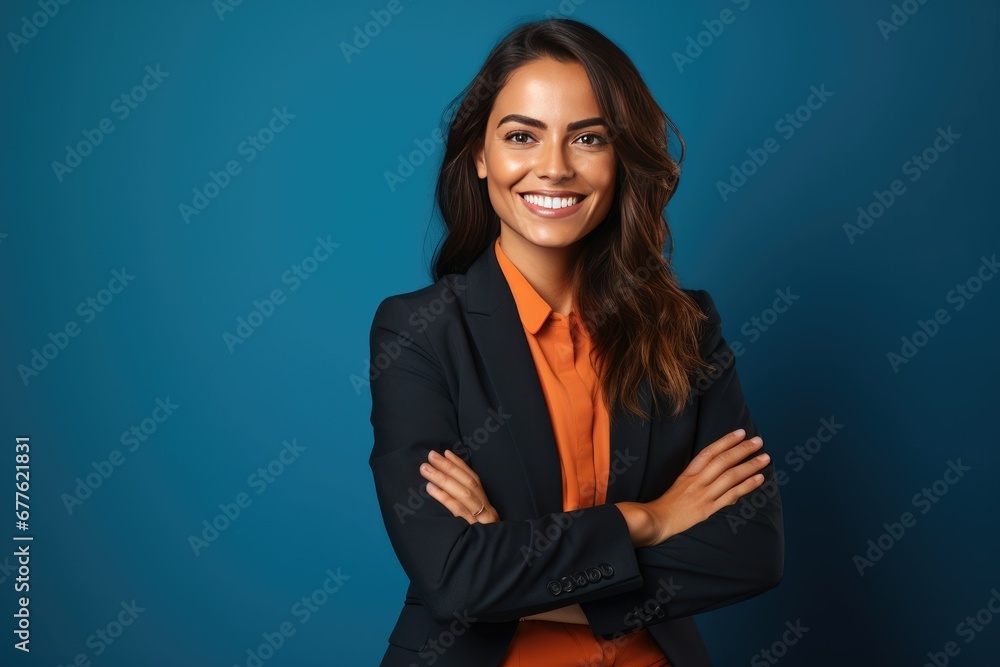 Confident businesswoman in professional attire against a deep blue backdrop. Sharp-focused, hyper-realistic image with visually striking contrast. Powerful, successful, and elegant, radiating beauty Confident businesswoman in professional attire against a deep blue backdrop. Sharp-focused, hyper-realistic image with visually striking contrast. Powerful, successful, and elegant, radiating beauty