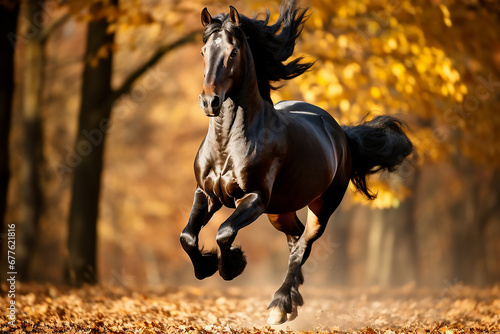 A black stallion gallops in the autumn forest. A beautiful pet.