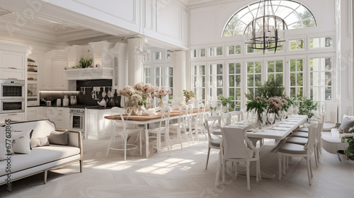 Luxurious interior design of white kitchen dining
