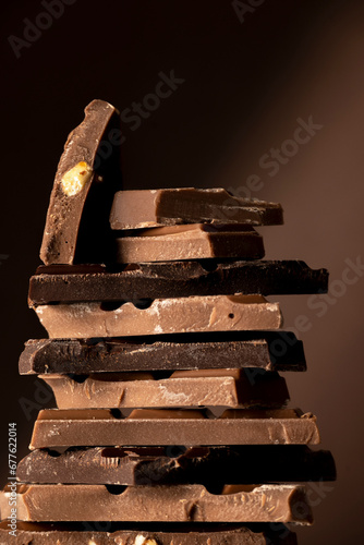 Chocolate tower, variety of different broken chocolate pieces
