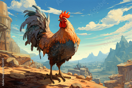 illustration of a painting of a chicken in nature