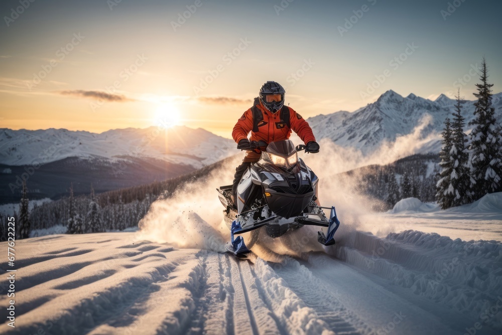 A man wearing a insulated winter jacket and trousers rides a snowmobile leaving footprints in nature against the backdrop of high mountains with snow at sunset.