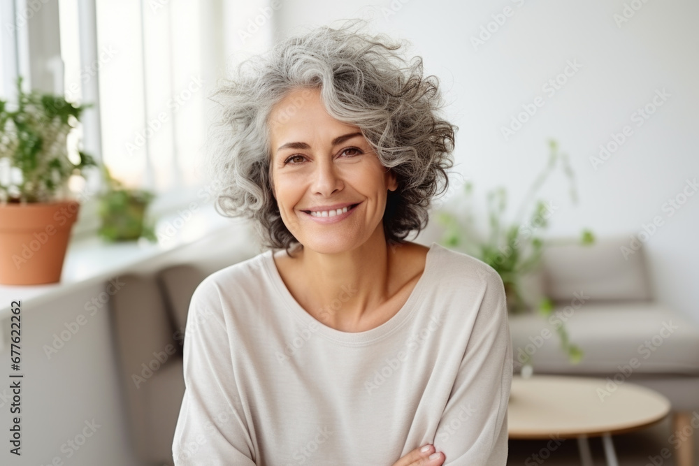 Smiling mature woman with gray hair at home. Smiling mature woman with gray hair at home.