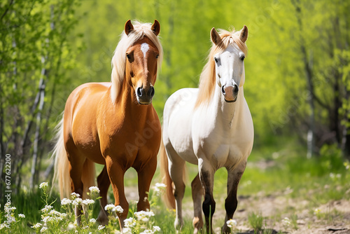 Two horses in summer in nature close-up, farming and agriculture concept