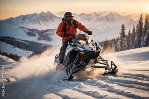 A man wearing a insulated winter jacket and trousers rides a snowmobile leaving footprints in nature against the backdrop of high mountains with snow at sunset. Hobbies, outdoor activities © liliyabatyrova