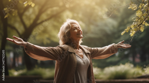 Happy senior woman with hands up standing in autumn park. Adult woman smiling looks up with raised hands. Yellow trees on background. Retirement, elderly health, life insurance, free breathing concept