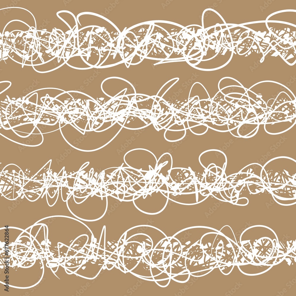 All over scribble pattern in white on a neutral beige background. This scribbled line design could be imagined as a brown Kraft wrapping paper. The images are drawn in a white outline like a doodle. All over scribble pattern in white on a neutral beige background. This scribbled line design could be imagined as a brown Kraft wrapping paper. The images are drawn in a white outline like a doodle.
