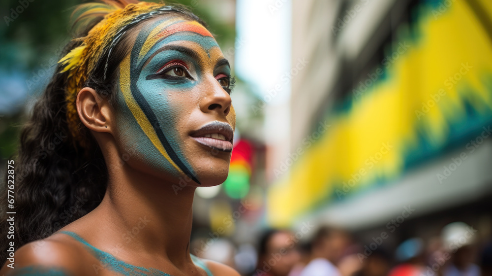 Obraz premium Beautiful carnival dancer close up portrait. Brazilian folk festival, costumes with colorful feathers