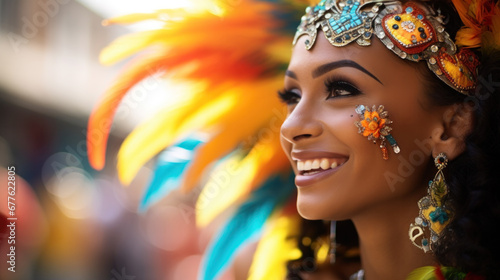 Beautiful carnival dancer close up portrait. Brazilian folk festival, costumes with colorful feathers