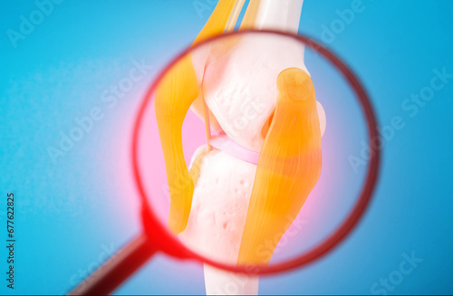 Φωτογραφία Medical mockup of a knee joint on a blue background under a magnifying glass