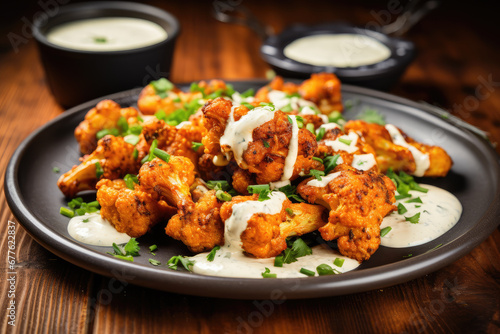 Plate of crispy cauliflower with vegan souse