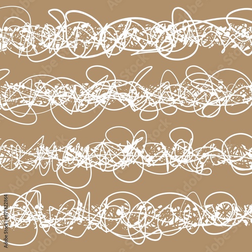 All over scribble pattern in white on a neutral beige background. This scribbled line design could be imagined as a brown Kraft wrapping paper. The images are drawn in a white outline like a doodle.
