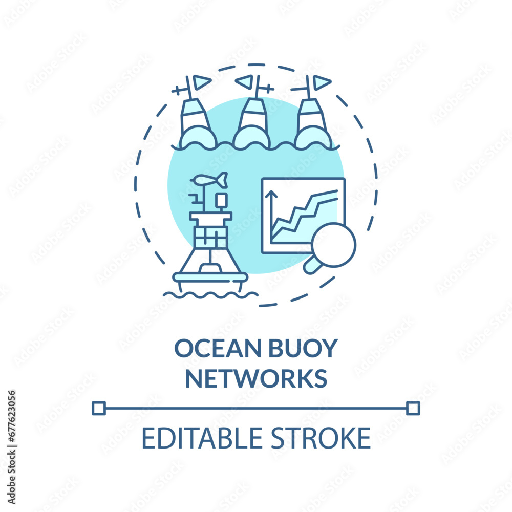 2D editable blue ocean buoy networks icon, monochromatic isolated vector, climate metrics thin line illustration.
