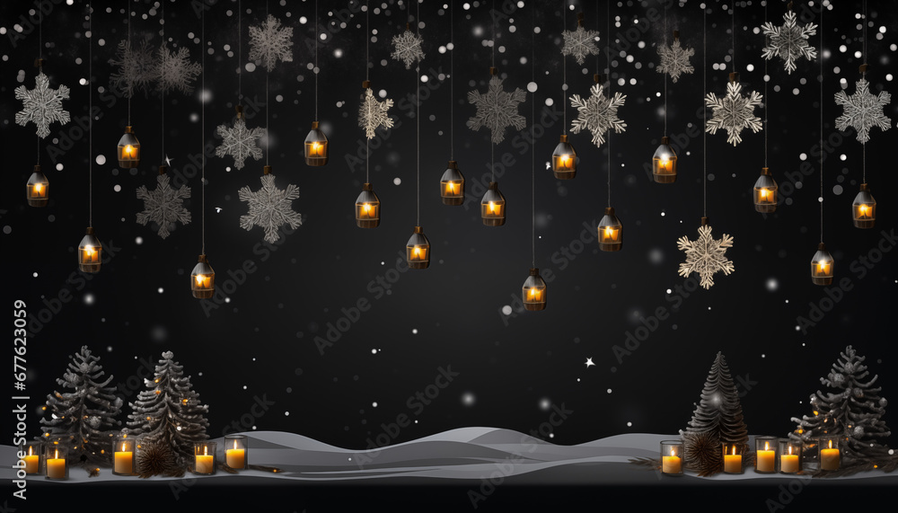 Festive Christmas Banner with Snowflakes, Neon Garlands, Candles on Dark-Gray Background Festive Christmas Banner with Snowflakes, Neon Garlands, Candles on Dark-Gray Background