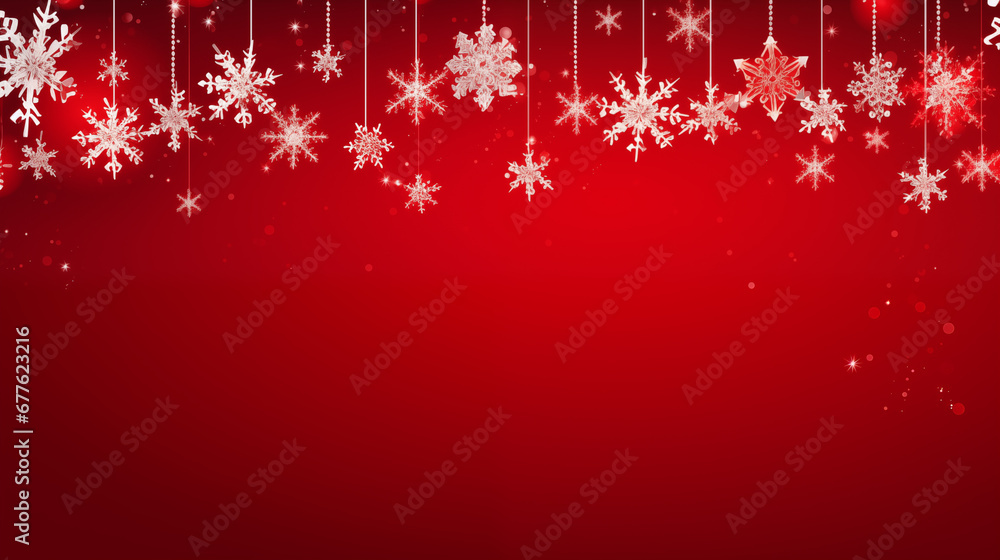 Festive Christmas banner with delicate snowflakes, neon garlands, and artificial snow on a red background Festive Christmas banner with delicate snowflakes, neon garlands, and artificial snow on a red background