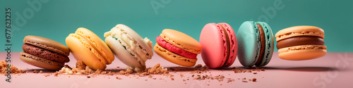 different colorful of macarons floating on the air isolated on clean background photo