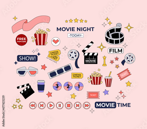 Collection of movie clip art elements. Hand drawn cartoon design in y2k style. Film, popcorn, ticket, 3d glasses illustraton in 2000s or stickers, labels, tags, patches. Vector