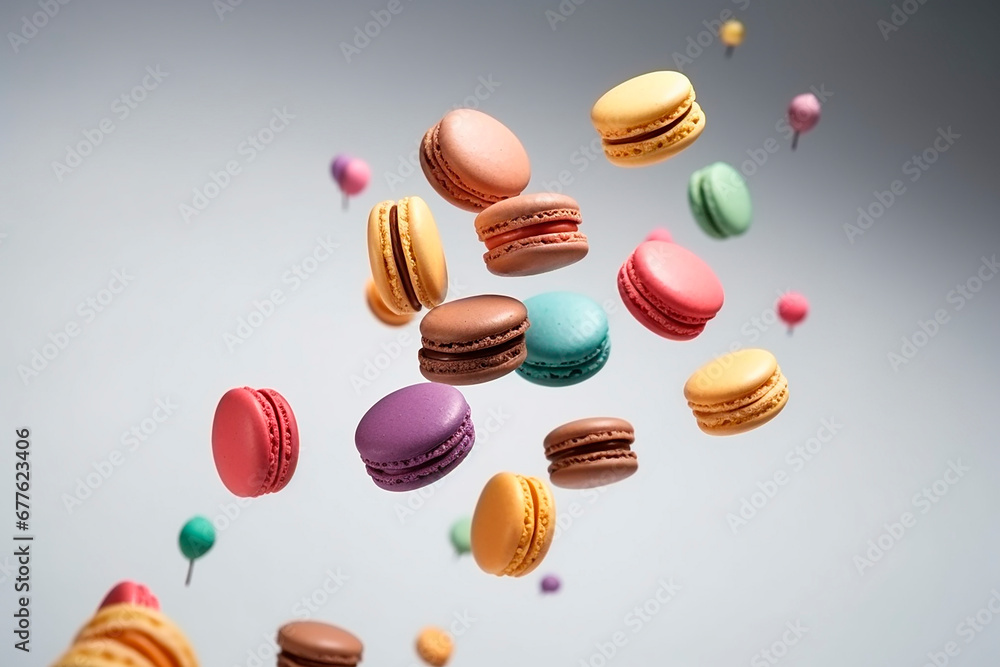 Obraz premium different colorful of macarons floating on the air isolated on clean background