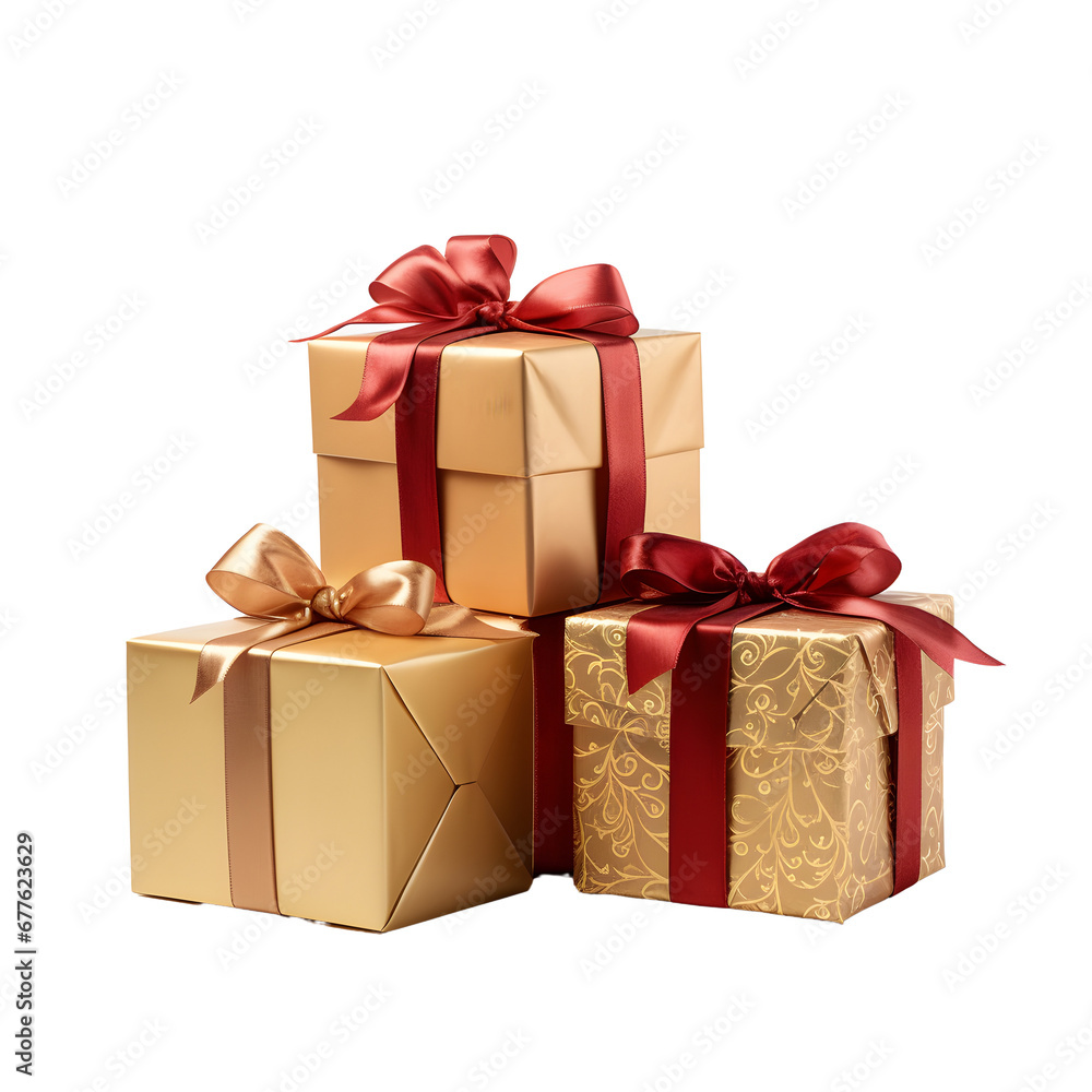 Obraz premium Colourful stack of gift boxes with festive ribbons, ideal for celebrations and holidays. No background