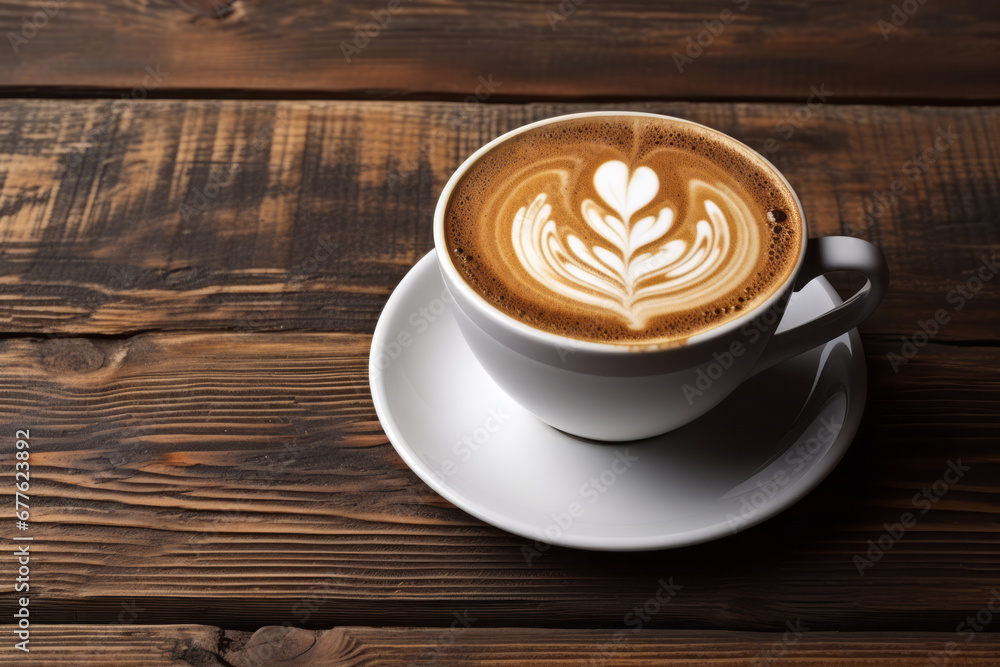 White coffee cup with latte and cappuccino placed on empty wooden table. It's perfect for relaxing while having a relaxing cup of coffee. White coffee cup with latte and cappuccino placed on empty wooden table. It's perfect for relaxing while having a relaxing cup of coffee.