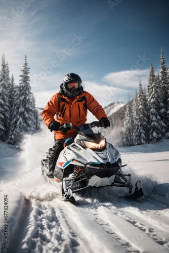  A man wearing a insulated winter jacket and trousers rides a snowmobile leaving footprints in nature against the backdrop of high mountains with snow at sunset. © liliyabatyrova