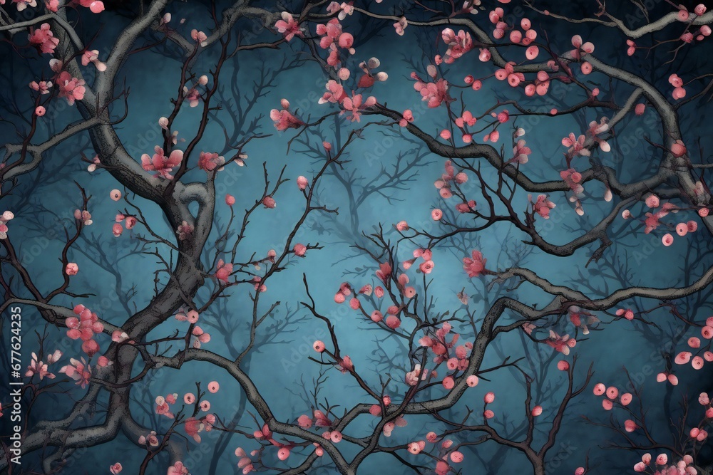 Watercolor painting of cherry blossom tree branches on blue background