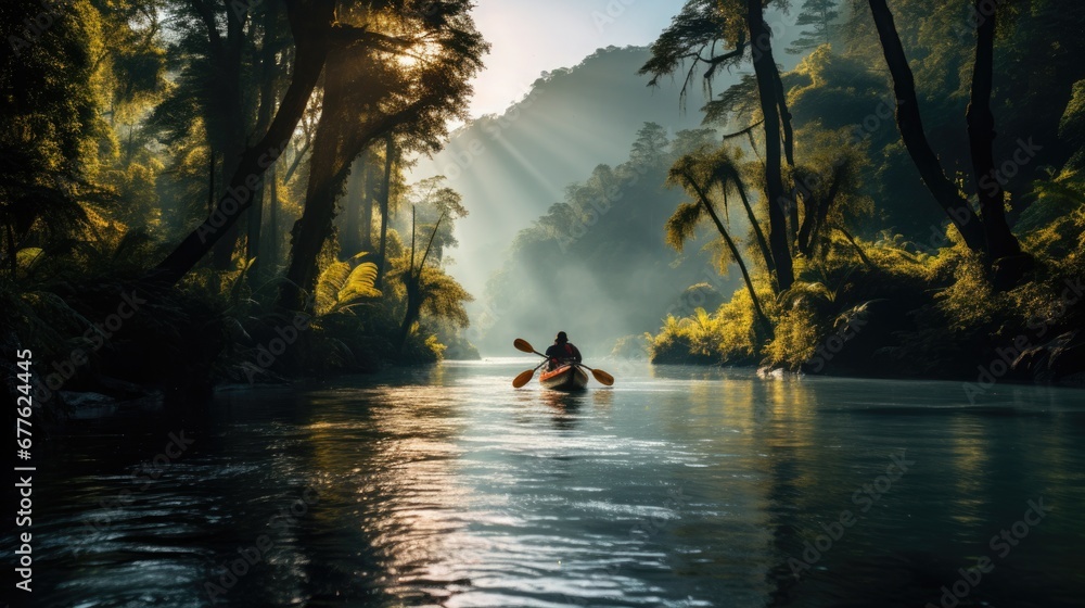 Adventurous kayaking in a remote river surrounded by dense forest