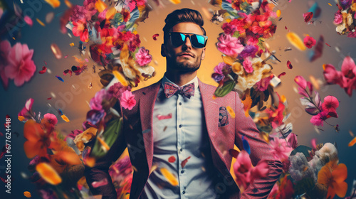 A stylish man in sunglasses and a bright suit with a white shirt stands on a background of falling flowers and petals.