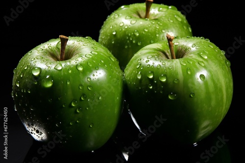Green apples with water drops on black background,  Shallow DOF