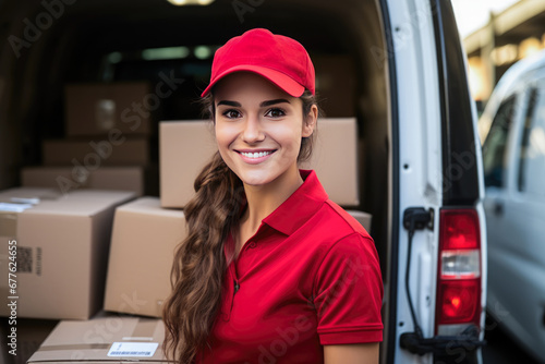 pretty American woman in her 20s smiling and posing in the back of a delivery truck with a bunch of packages and shipping boxes