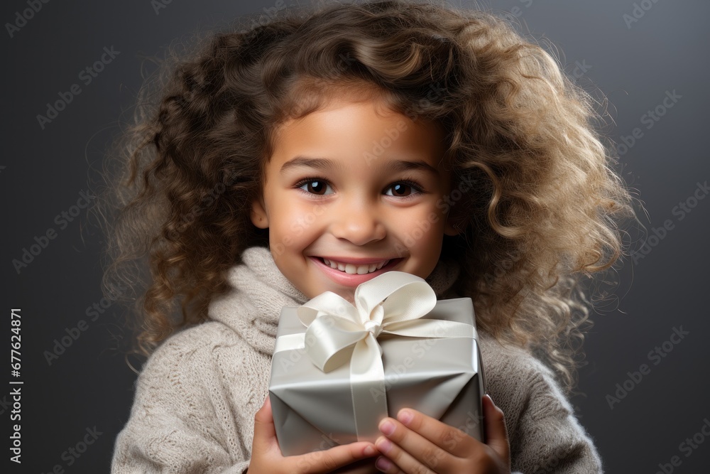 curly smiling girl with gift curly smiling girl with gift