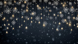 Festive Christmas banner with snowflakes, neon garlands, and Fairy lights on Dark Gray background