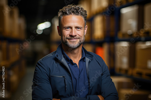 American confident happy older 30s male retail seller, entrepreneur, clothing store small business owner, supervisor looking at camera standing arms crossed in delivery shipping warehouse