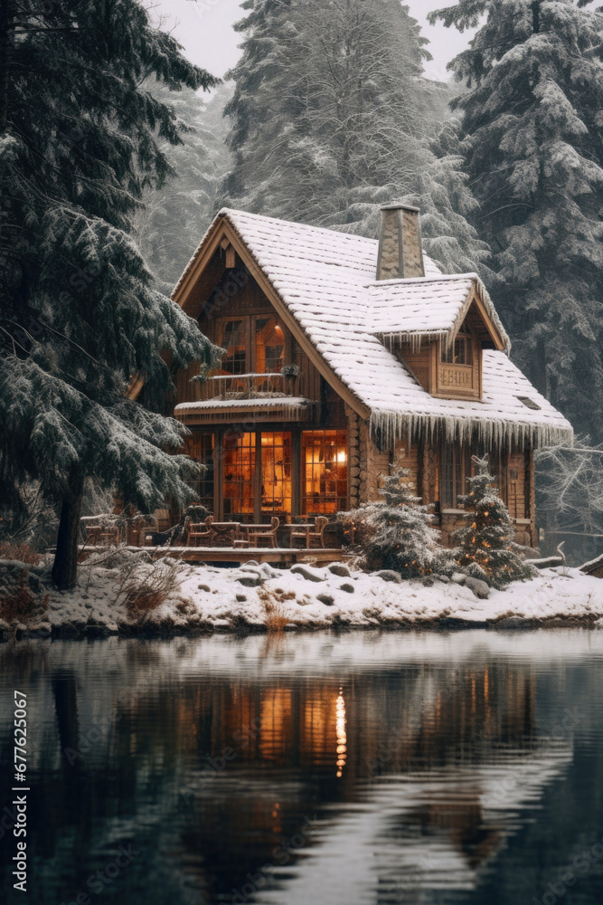 House by the lake, beautiful winter atmosphere, Christmas holidays