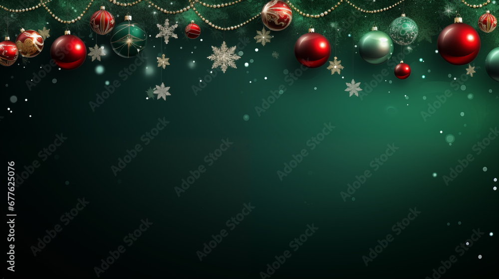 Festive Christmas banner with snowflakes, neon garlands, baubles, and 'Merry Christmas' message on rich green background Festive Christmas banner with snowflakes, neon garlands, baubles, and 'Merry Christmas' message on rich green background
