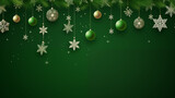 Festive Christmas banner with snowflakes, neon garlands, baubles on green background
