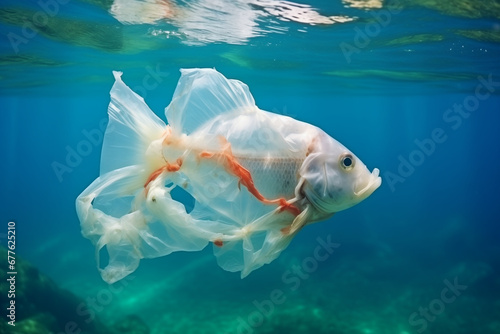 Fish made of plastic bags are swiming in the ocean. Contamination of the Oceans. Marine plastic pollution concept. Environmental pollution