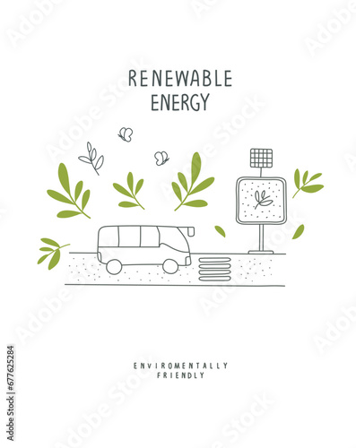 Vector illustration of Environmentally friendly planet. Green sprouts leaves and a sketch of electro car or bus on the road  with plug icon symbol. EV car.
Think Green. Alternative energy concept.
 
