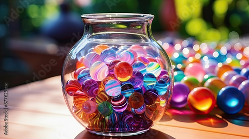 Glass jar filled with colored transparent glass balls on a table. A beautiful object for decoration.