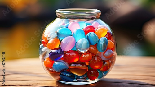 Glass jar filled with colored transparent glass balls on a table. A beautiful object for decoration.