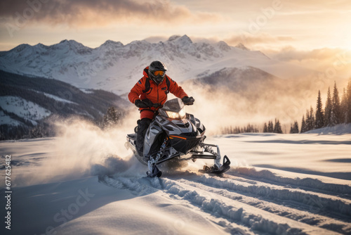 A man wearing a jacket, a protective helmet and glasses on a snowmobile in winter in the forest at sunset.