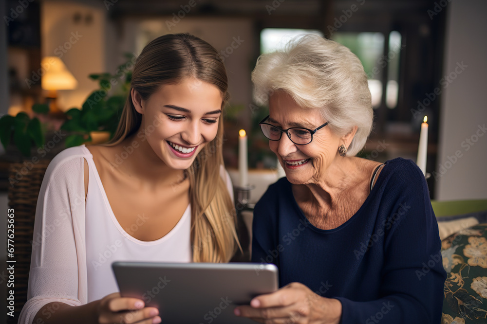 Tech Laughter Bonding Moments as an Adult Daughter Guides Her Elderly Mother in Tablet Use. created with Generative AI Tech Laughter Bonding Moments as an Adult Daughter Guides Her Elderly Mother in Tablet Use. created with Generative AI
