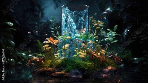 Digital waterfall flowing from a smartphone screen into a real pond surrounded by lush vegetation. Digital detox concept.