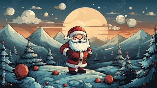  a painting of a santa clause standing in the middle of a snowy landscape with trees and a full moon in the sky with clouds and a full moon in the background. generative ai