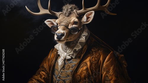  a close up of a deer wearing glasses and a jacket with a deer's head on it's head and wearing a jacket with a deer's antlers on it's head. generative ai